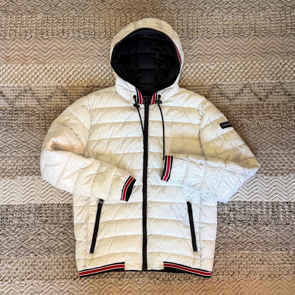 Calvin Klein White Hooded Puffer Zip Up Jacket